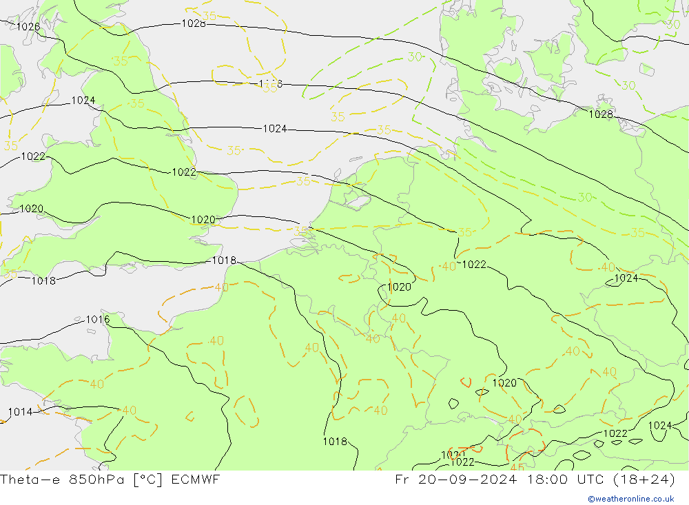 Theta-e 850hPa ECMWF Pá 20.09.2024 18 UTC