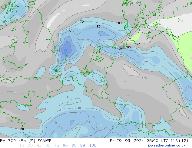 RH 700 гПа ECMWF пт 20.09.2024 06 UTC