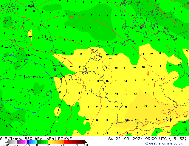 850 hPa Yer Bas./Sıc ECMWF Paz 22.09.2024 09 UTC