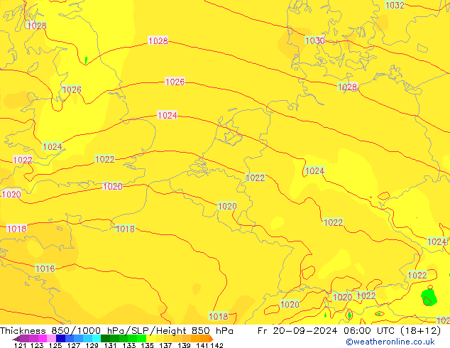 Dikte 850-1000 hPa ECMWF vr 20.09.2024 06 UTC