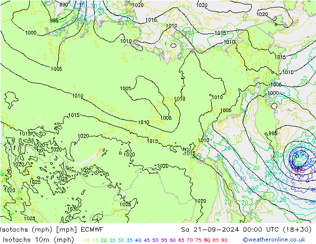 Isotachs (mph) ECMWF sam 21.09.2024 00 UTC