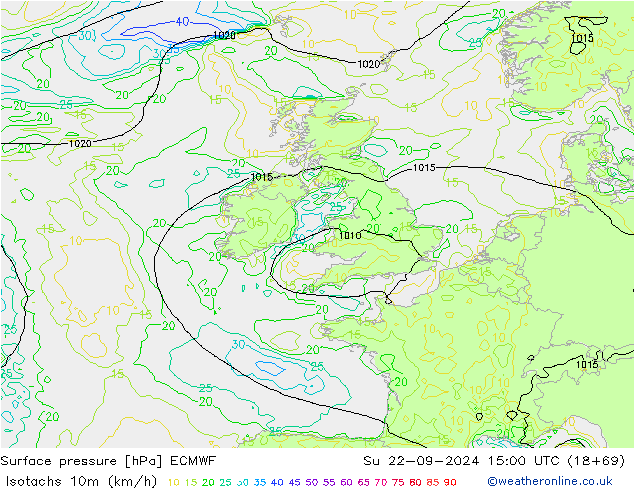 Isotachen (km/h) ECMWF zo 22.09.2024 15 UTC