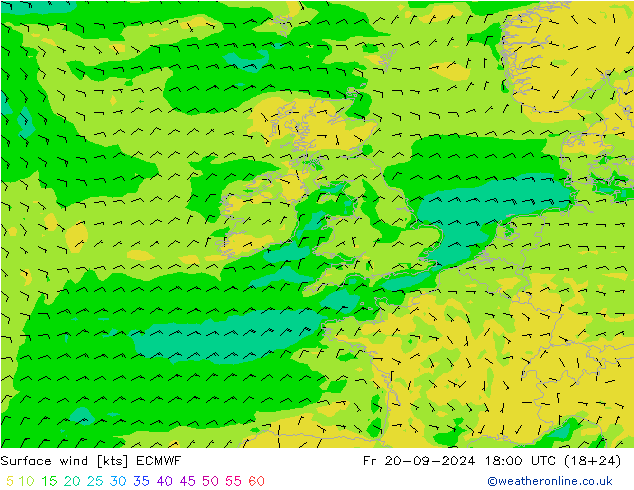 Neerslag 6h/Wind 10m/950 ECMWF vr 20.09.2024 18 UTC