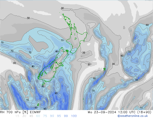 RH 700 гПа ECMWF пн 23.09.2024 12 UTC