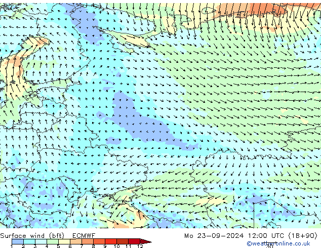 Surface wind (bft) ECMWF Mo 23.09.2024 12 UTC