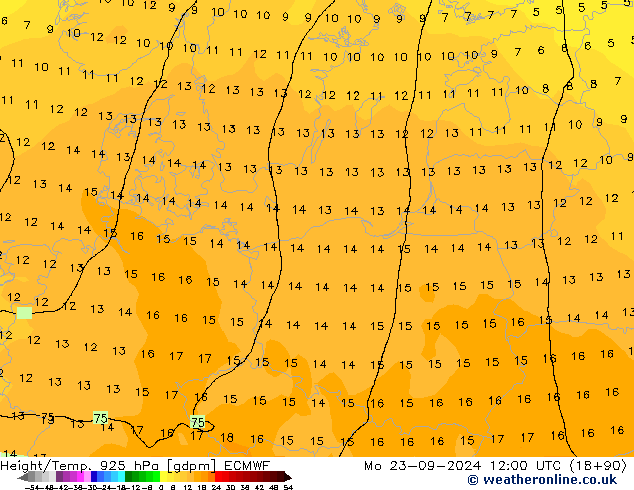 Height/Temp. 925 hPa ECMWF pon. 23.09.2024 12 UTC