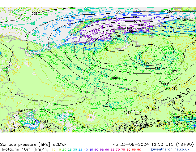 Isotaca (kph) ECMWF lun 23.09.2024 12 UTC