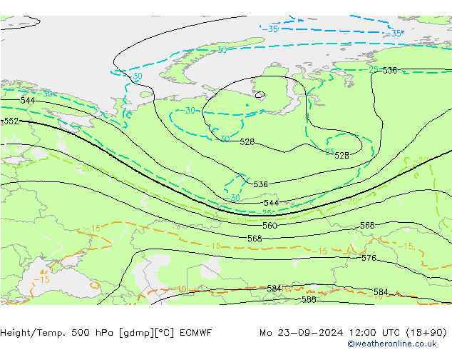 Height/Temp. 500 hPa ECMWF Mo 23.09.2024 12 UTC