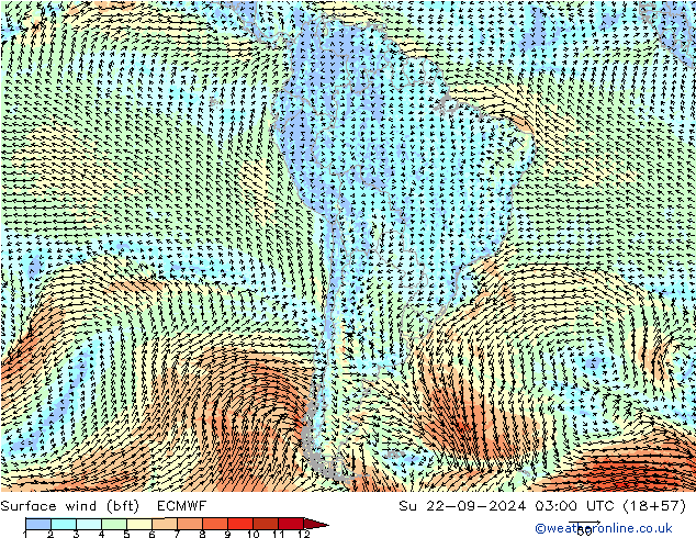 wiatr 10 m (bft) ECMWF nie. 22.09.2024 03 UTC