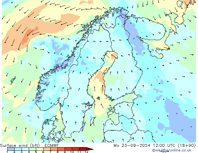 Bodenwind (bft) ECMWF Mo 23.09.2024 12 UTC