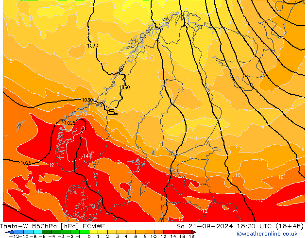 Theta-W 850hPa ECMWF za 21.09.2024 18 UTC