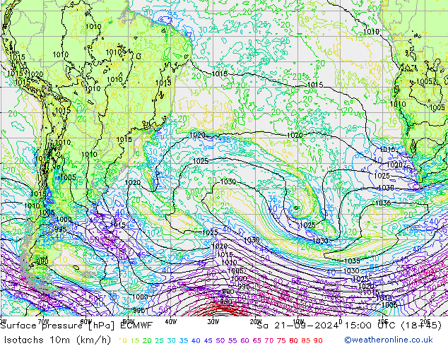 Isotachs (kph) ECMWF Sa 21.09.2024 15 UTC