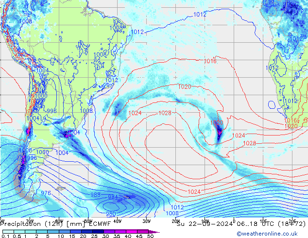 Precipitation (12h) ECMWF Su 22.09.2024 18 UTC