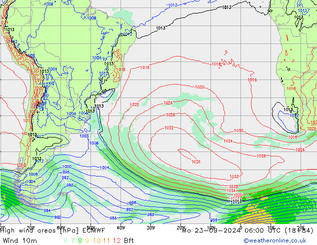 High wind areas ECMWF пн 23.09.2024 06 UTC