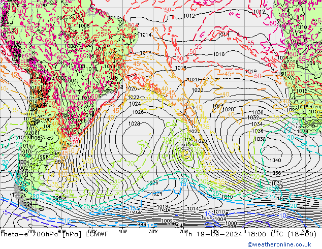 Theta-e 700hPa ECMWF Čt 19.09.2024 18 UTC