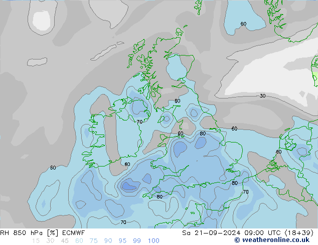 RH 850 гПа ECMWF сб 21.09.2024 09 UTC