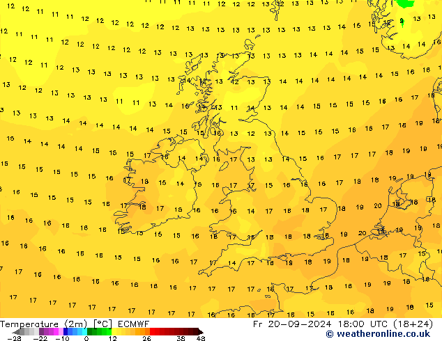 Temperature (2m) ECMWF Pá 20.09.2024 18 UTC