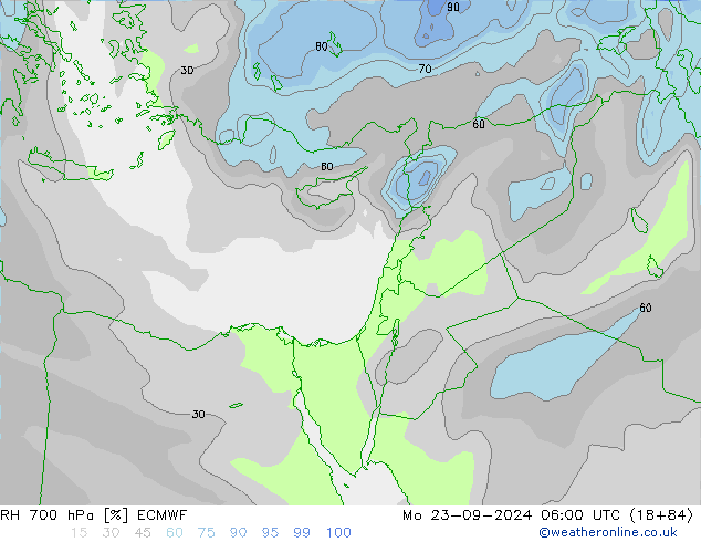 RH 700 hPa ECMWF Mo 23.09.2024 06 UTC