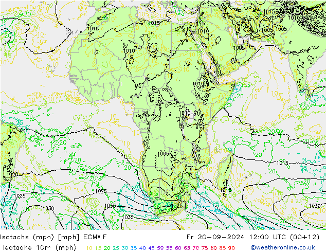 Isotachs (mph) ECMWF Fr 20.09.2024 12 UTC