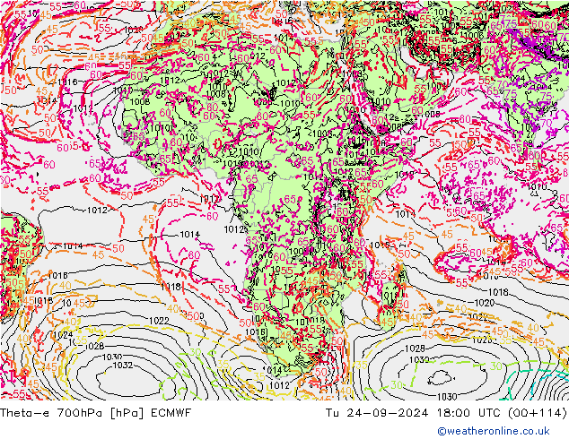 Theta-e 700hPa ECMWF Ter 24.09.2024 18 UTC