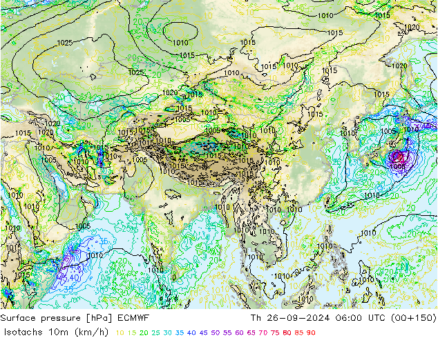 Isotachs (kph) ECMWF  26.09.2024 06 UTC