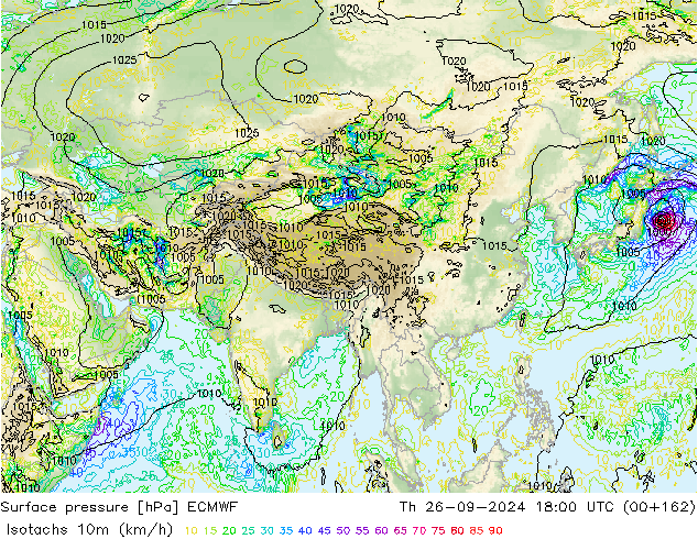 Isotachs (kph) ECMWF Čt 26.09.2024 18 UTC