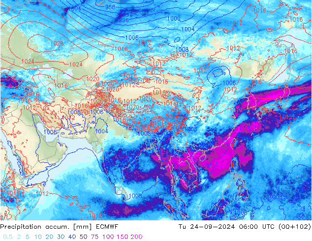 Precipitation accum. ECMWF Út 24.09.2024 06 UTC