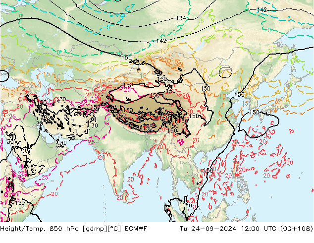 Hoogte/Temp. 850 hPa ECMWF di 24.09.2024 12 UTC