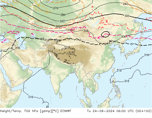 Height/Temp. 700 hPa ECMWF Út 24.09.2024 06 UTC