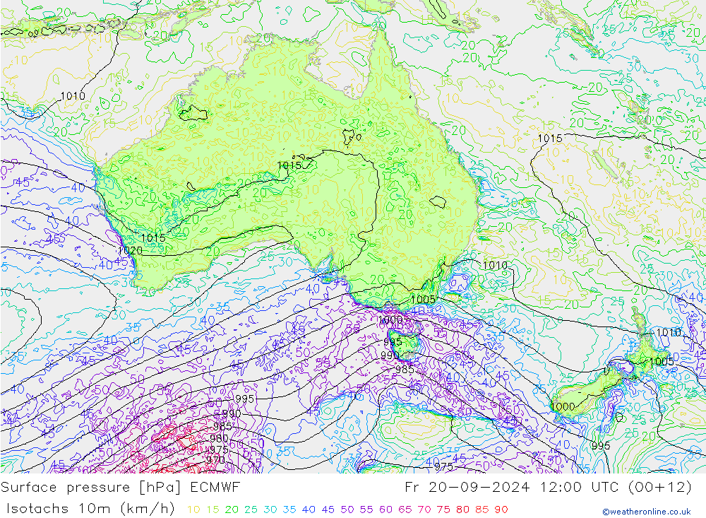 Isotachs (kph) ECMWF пт 20.09.2024 12 UTC