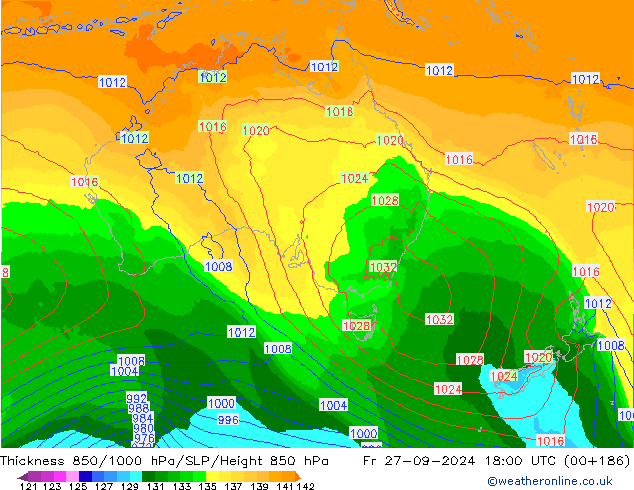 Thck 850-1000 гПа ECMWF пт 27.09.2024 18 UTC