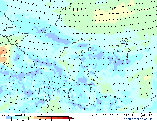 ве�Bе�@ 10 m (bft) ECMWF Вс 22.09.2024 12 UTC