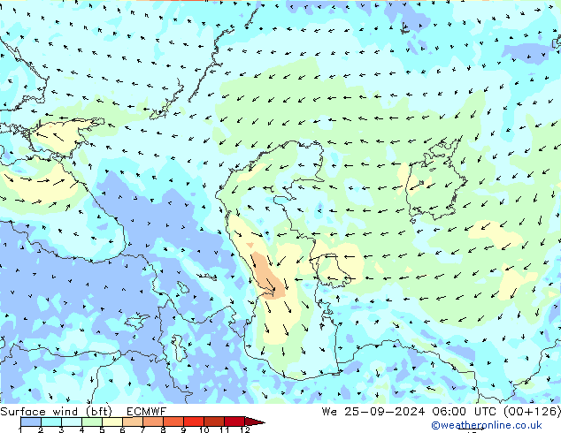 Vento 10 m (bft) ECMWF Qua 25.09.2024 06 UTC