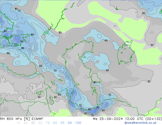 RH 850 hPa ECMWF Qua 25.09.2024 12 UTC