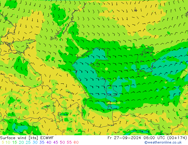 wiatr 10 m ECMWF pt. 27.09.2024 06 UTC