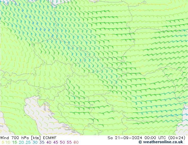 Vento 700 hPa ECMWF sab 21.09.2024 00 UTC