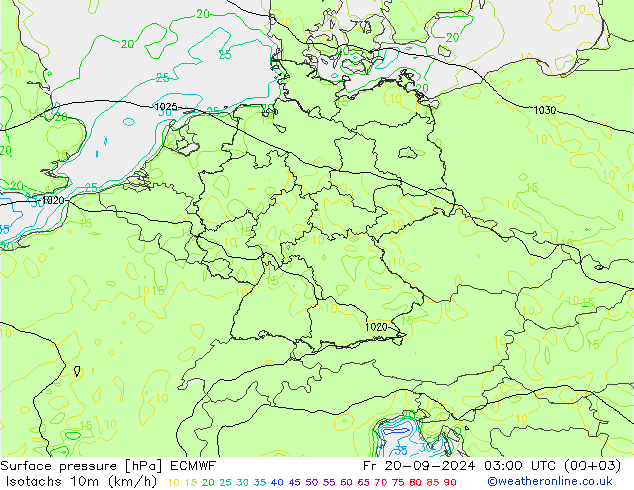 Isotachen (km/h) ECMWF vr 20.09.2024 03 UTC