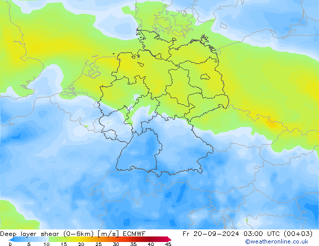 Deep layer shear (0-6km) ECMWF 星期五 20.09.2024 03 UTC