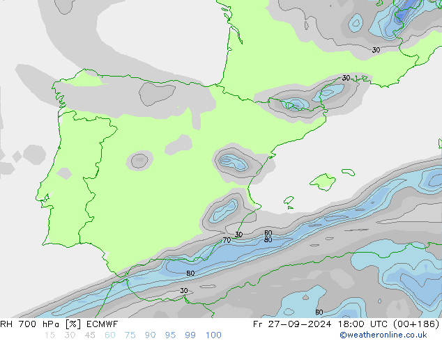 RH 700 hPa ECMWF Fr 27.09.2024 18 UTC