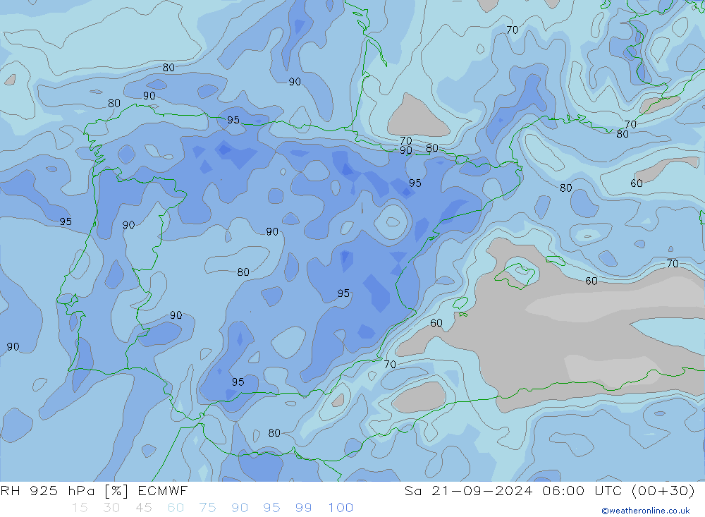 RH 925 hPa ECMWF Sa 21.09.2024 06 UTC