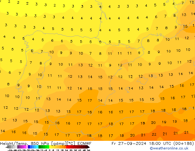 Hoogte/Temp. 850 hPa ECMWF vr 27.09.2024 18 UTC