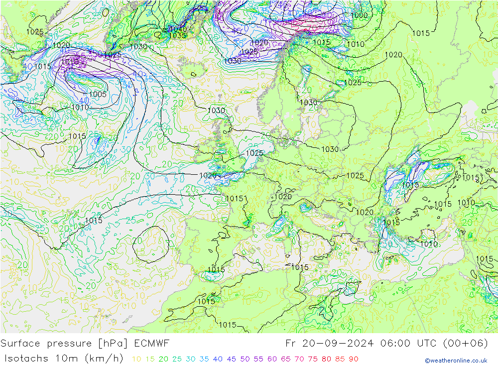 Isotachs (kph) ECMWF  20.09.2024 06 UTC