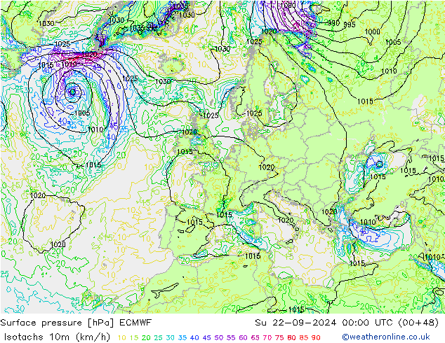 Isotachs (kph) ECMWF Su 22.09.2024 00 UTC