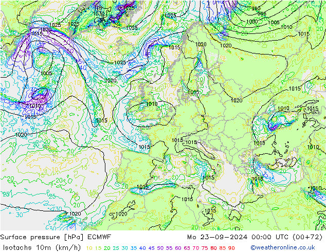 Isotachs (kph) ECMWF пн 23.09.2024 00 UTC