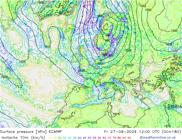 Eşrüzgar Hızları (km/sa) ECMWF Cu 27.09.2024 12 UTC