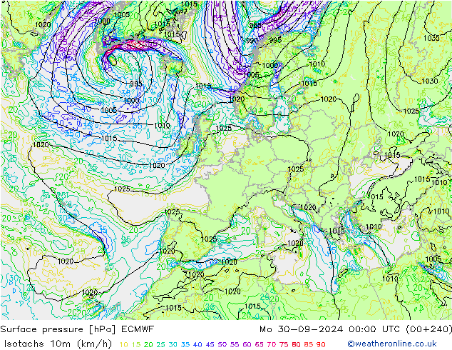 Isotachs (kph) ECMWF Mo 30.09.2024 00 UTC