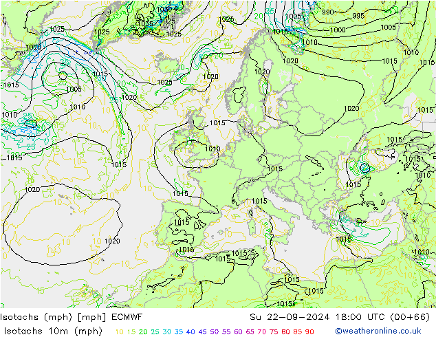 Isotachs (mph) ECMWF dim 22.09.2024 18 UTC