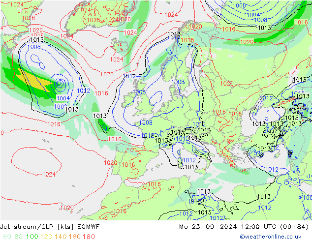 Jet stream/SLP ECMWF Mo 23.09.2024 12 UTC