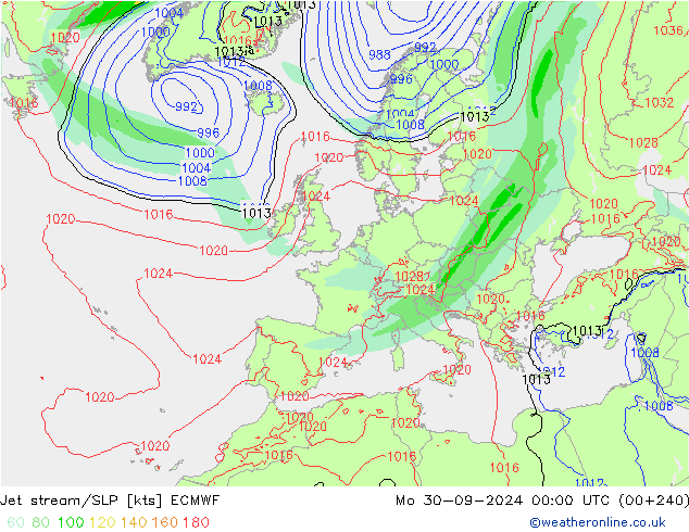 Jet stream/SLP ECMWF Mo 30.09.2024 00 UTC