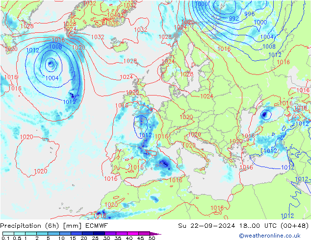 осадки (6h) ECMWF Вс 22.09.2024 00 UTC